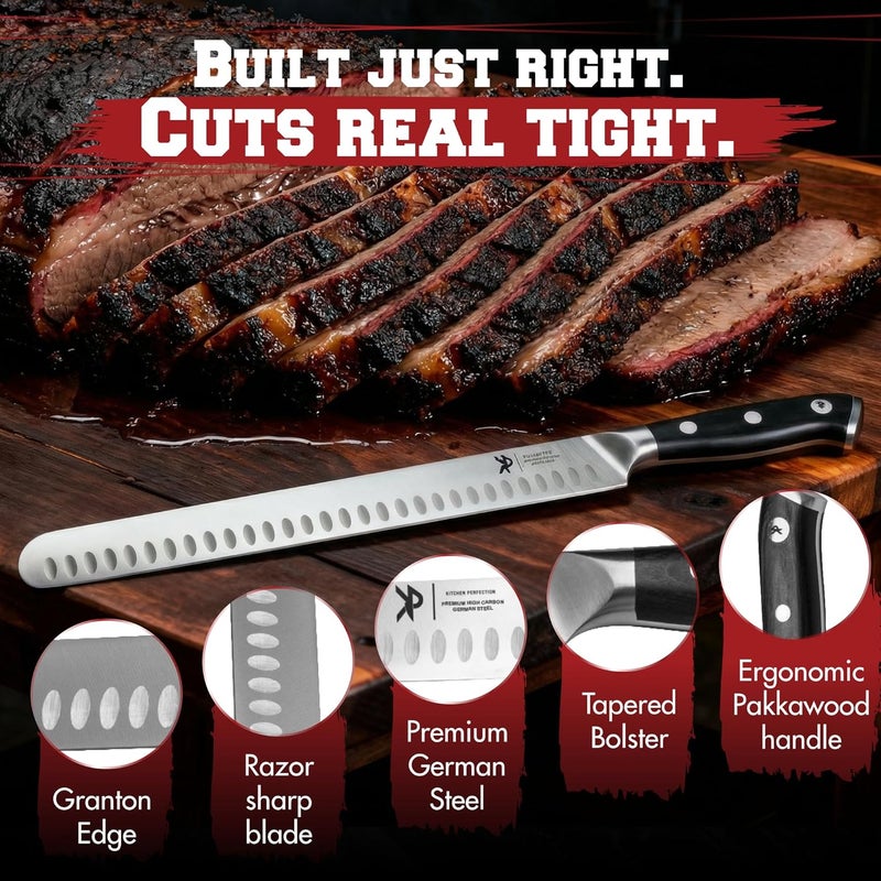 Kitchen perfection 12” Brisket Knife for Carving & Slicing Meat - Ultra Sharp Premium German Steel Granton Edge with Sheath, Full Tang Ergonomic Handle.For BBQ, Turkey & Ribs- Grilling Gifts for Men - Image 3